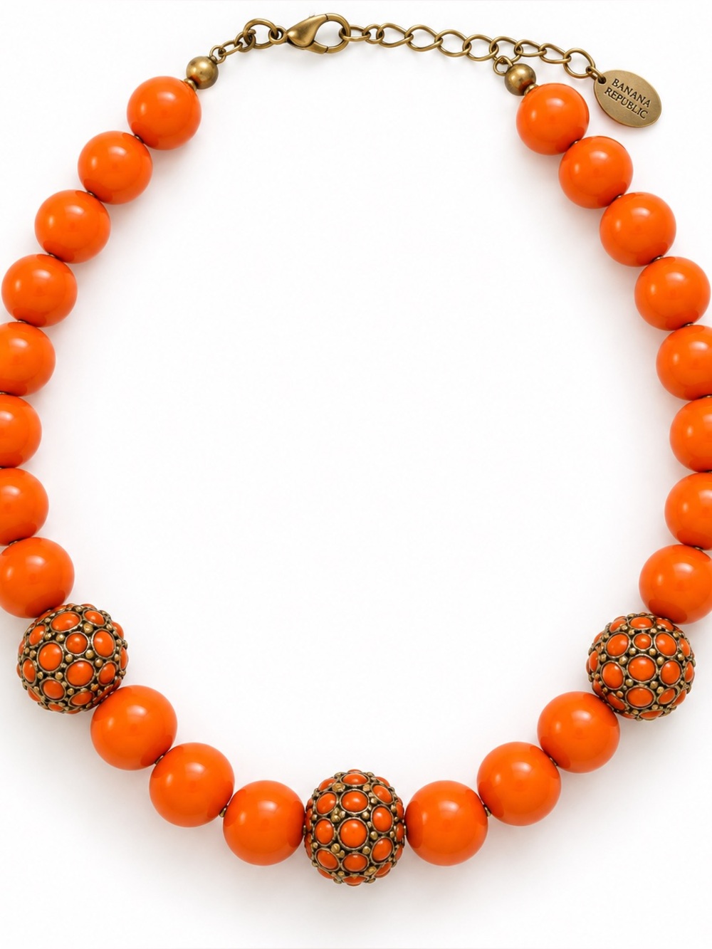 Banana Republic Orange Resin Bubble Bead Statement Necklace Gold Tone